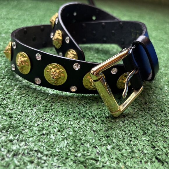 NEIMAN  MARCUS / ITALY BLACK LEATHER LION MEDALLION / CRYSTALS BELT SZ S *MINT* main image 7